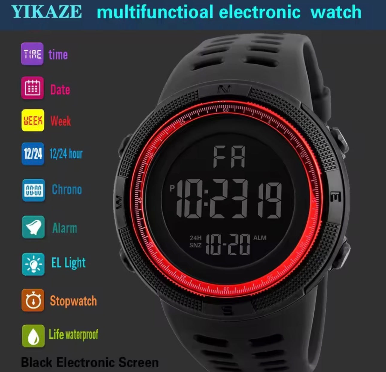 YIKAZE Y01 العسكرية الرجال ساعة يد رياضية متعددة الوظائف الرجال الساعات الرقمية مقاوم للماء ساعة